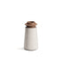 Tivoli vase in Travertino Navona marble with Walnut wood top, size small with white background. 