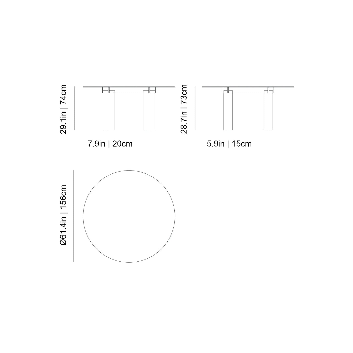 Gervasoni Daen 36 round table diagram with dimensions in inches (in) and centimeters (cm) USA.