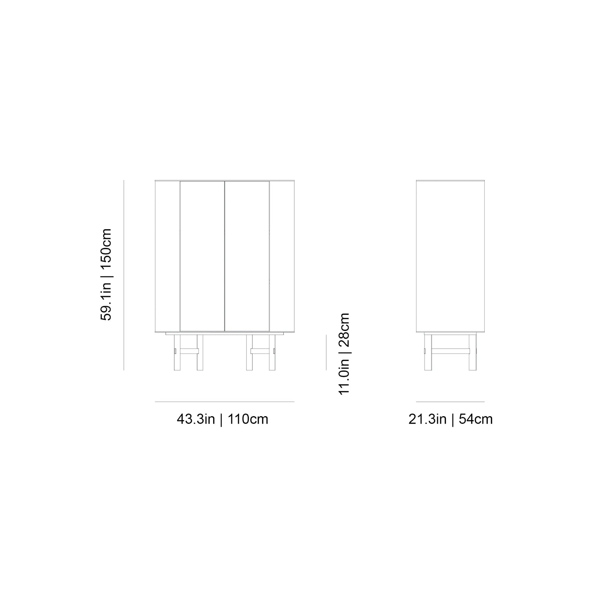 Gervasoni Daen 85 highboard diagram with dimensions in inches (in) and centimeters (cm). Cupboards USA.