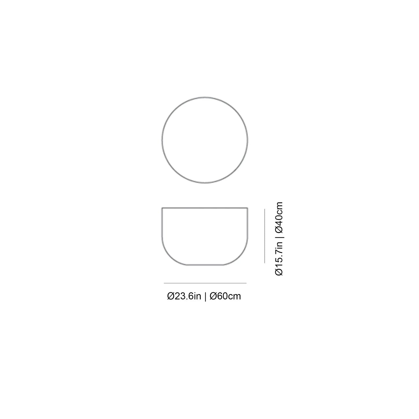 Gervasoni Heiko 42 Side Table Diagram with Dimensions in inches (in) and centimeters (cm). End Tables USA.